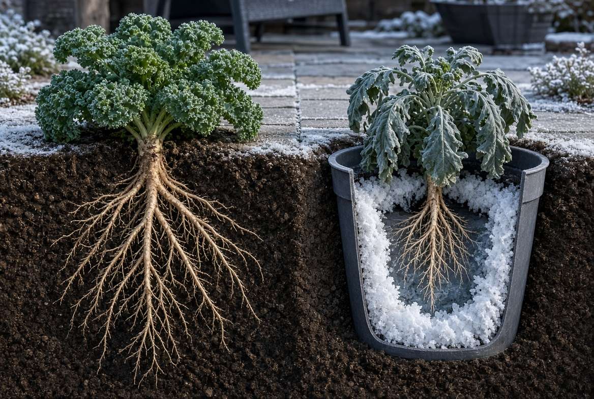 A cross-section visual comparison showing deep, insulated roots in the ground versus frozen, exposed roots inside a container pot during winter.