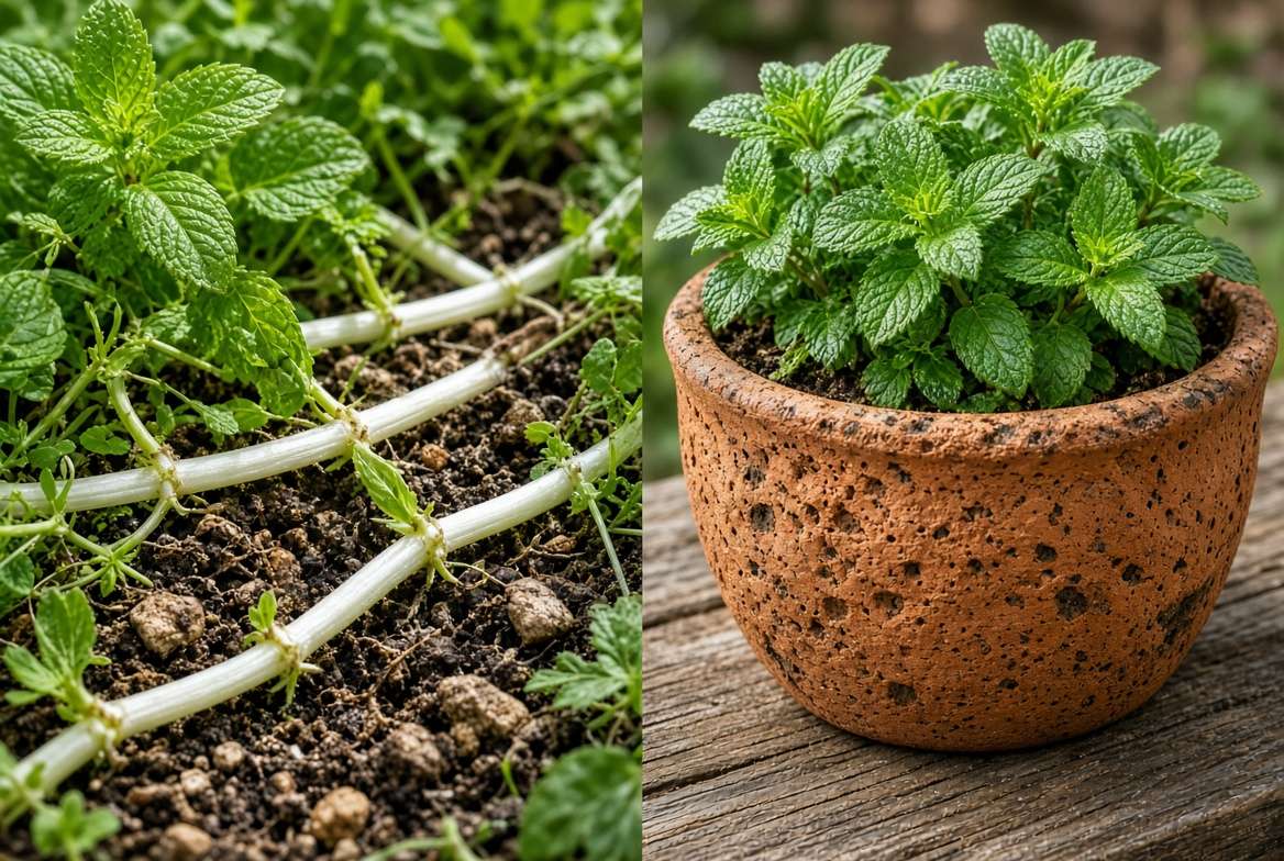 Close-up contrast of invasive mint stolons spreading in soil vs. a healthy mint plant neatly contained in a terracotta pot.