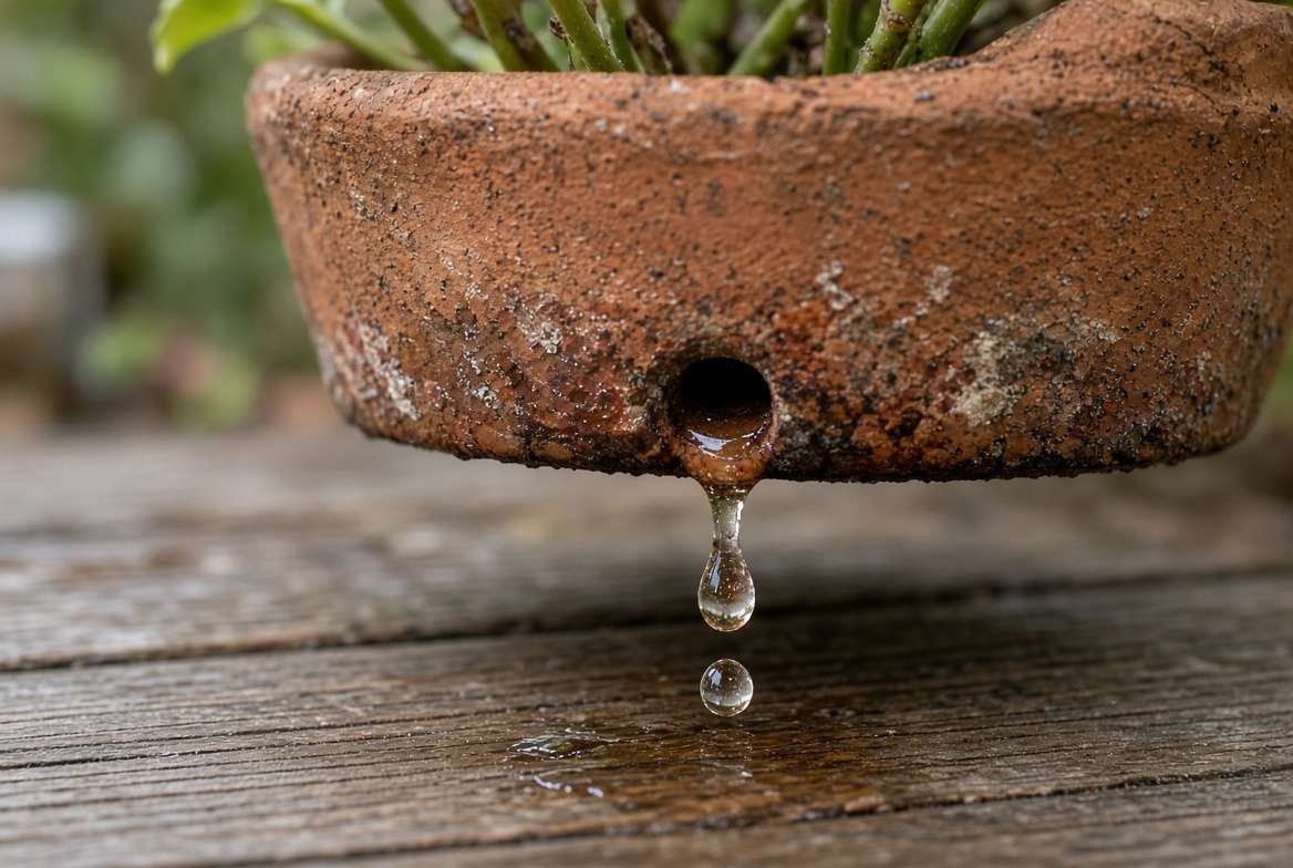 Macro shot of water leaching nutrients from the bottom drainage hole of a potted vegetable plant.