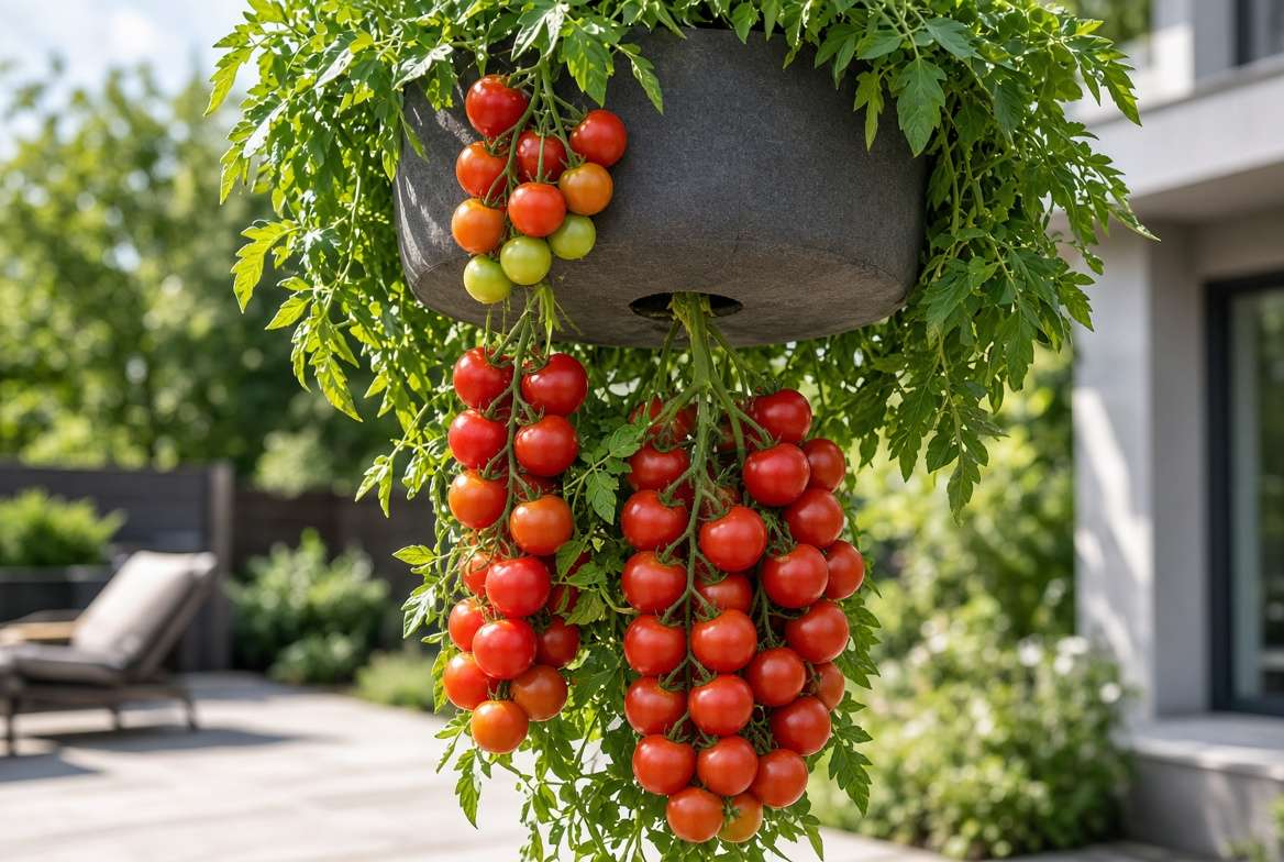 A close-up showing gravity supporting cascading tomato vines in a hanging planter.