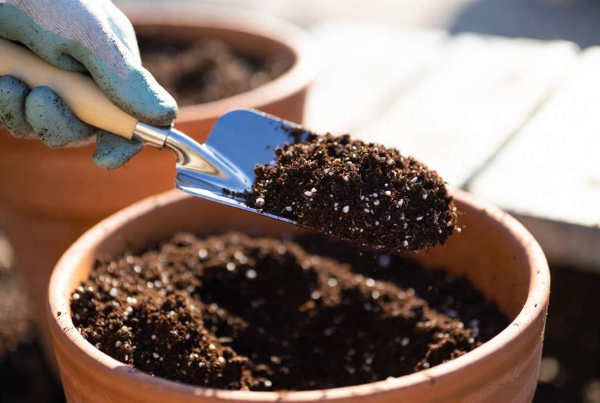 A close-up view of rich, well-draining potting soil being added to a terracotta pot on a sunny patio, illustrating optimal soil control.