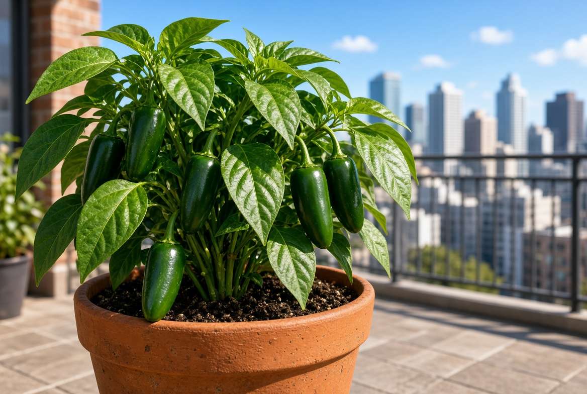 A healthy jalapeño pepper plant growing in a terracotta pot on a sunny apartment balcony, illustrating easy pepper varieties for container gardens