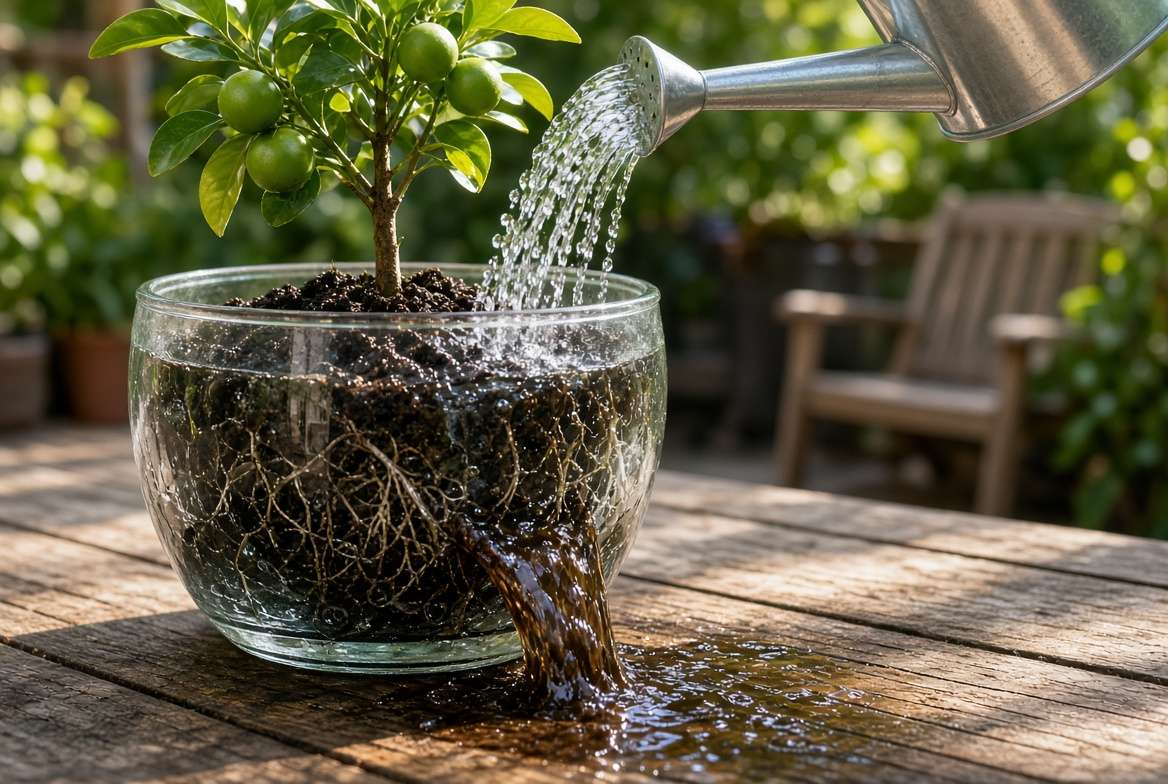 Visual demonstration of nutrient leaching in a container-grown fruit tree, showing dark liquid rushing out of pot drainage holes during watering.