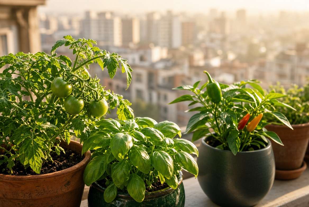 Lush potted vegetables growing on a sunny, warm city balcony.