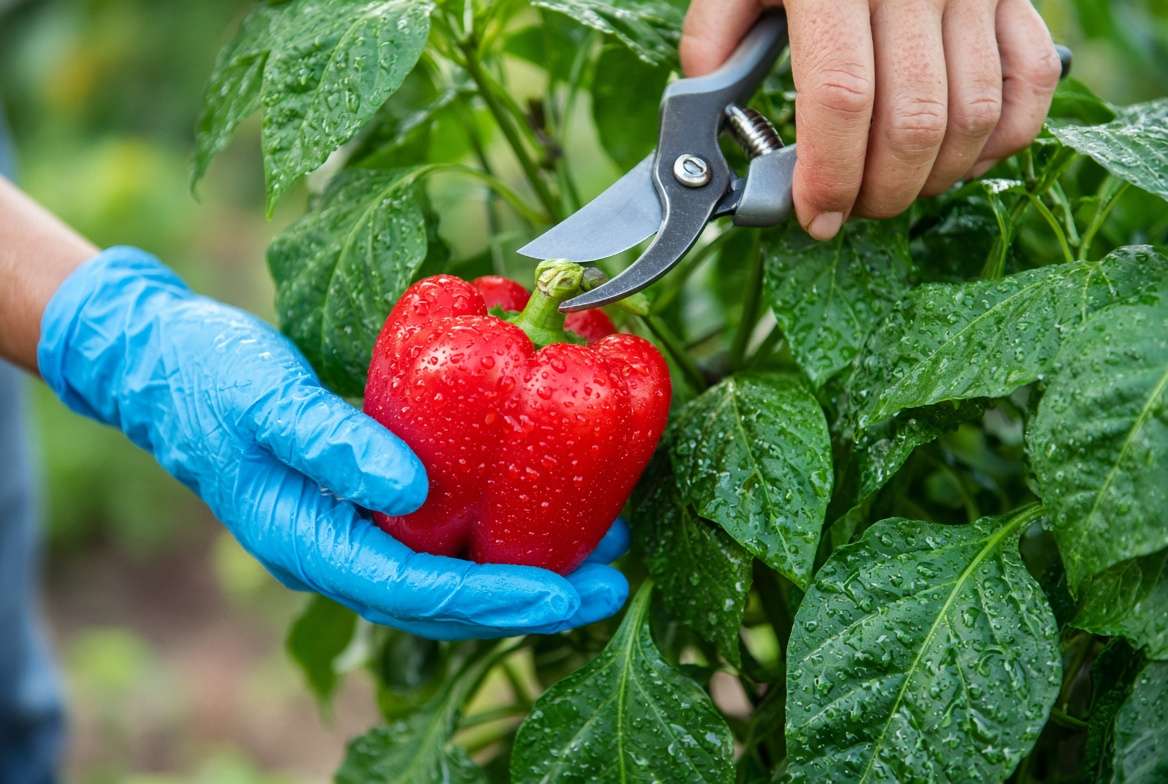 Hand wearing gloves using sharp bypass pruners to cleanly cut a ripe red pepper stem from the plant.