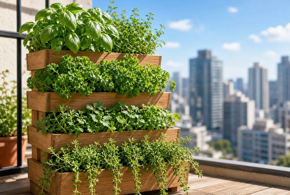 A vibrant four-tiered wooden vertical herb planter thriving on a small city balcony.