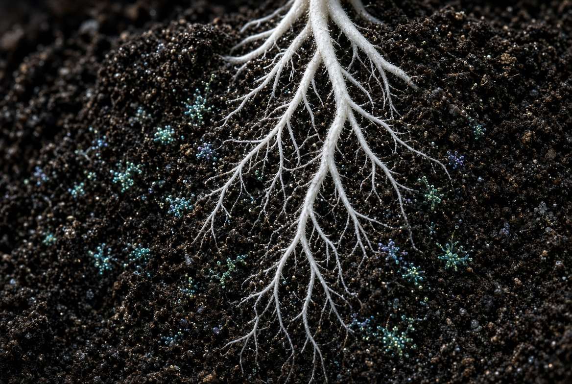 Microscopic view of beneficial microbes interacting with healthy plant roots in dark organic soil.