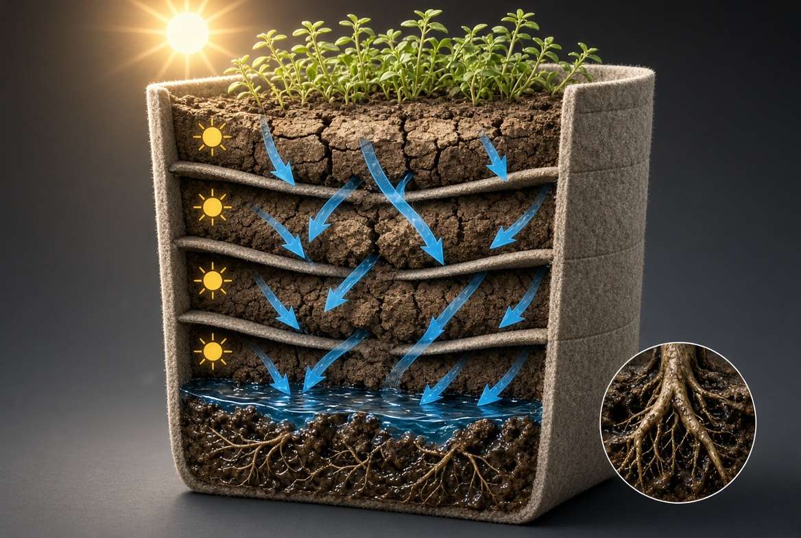 Infographic illustration showing water pooling in the bottom of a vertical planter while the top is dry.