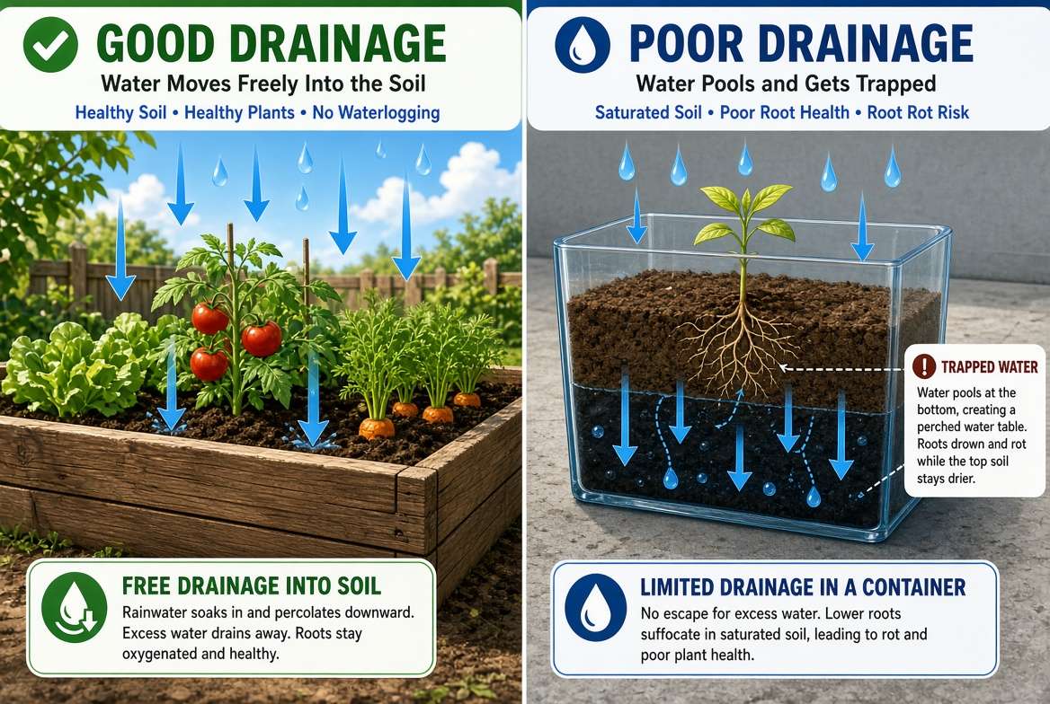Illustration comparing healthy water drainage in a garden bed to poor drainage and a perched water table in a container pot.