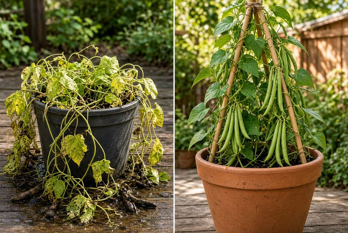 A side-by-side comparison of diseased bean plants sprawling on damp soil versus healthy, thriving green bean vines neatly climbing a bamboo trellis structure on a pati