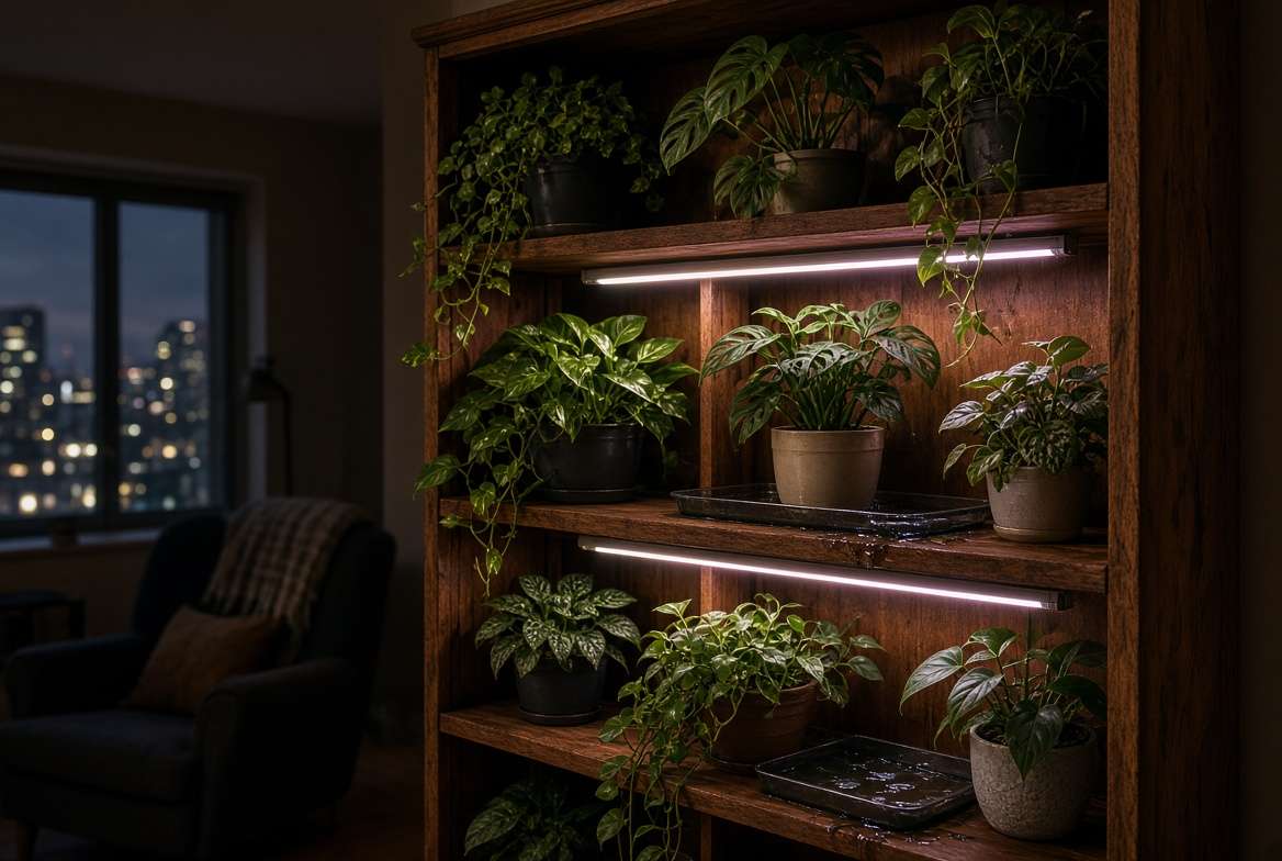 Close-up photo of a wooden bookshelf converted into a plant shelf garden in a dim apartment.