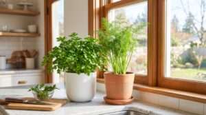 dill and parsley in kitchen windowsills