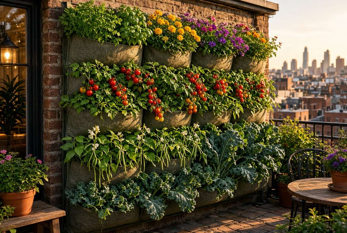 A flourishing, multi-tiered vertical garden showing a diverse seasonal mix of tomatoes, beans, kale, and herbs in fabric pockets