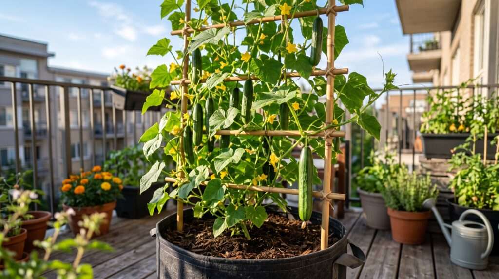 growing cucumbers on a trellis in containers