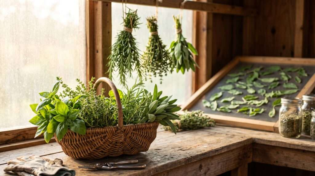 harvesting and drying homegrown herbs