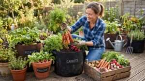 harvesting root vegetables in containers