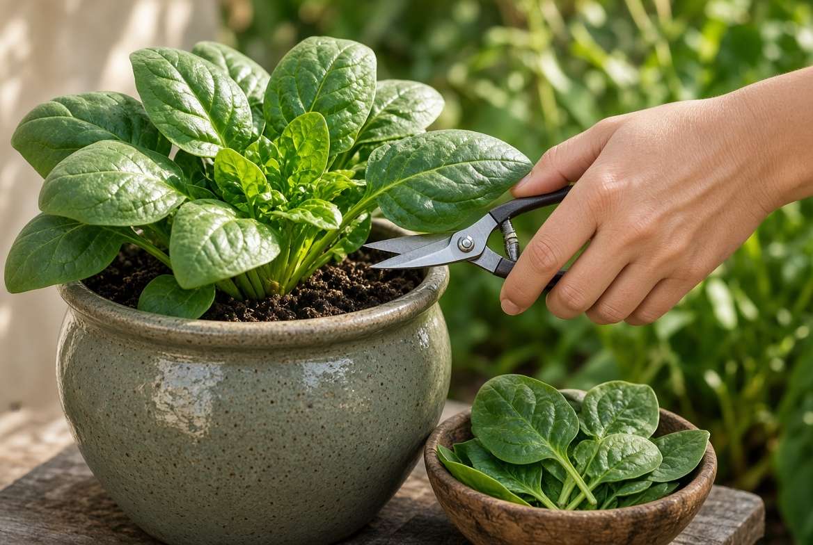 A gardenerβs hand using shears to harvest the outer leaves of a spinach plant in a pot, using the cut-and-come-again method.