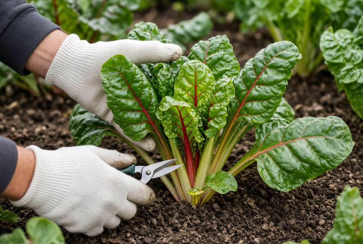 Close-up action shot showing clean garden snips cutting outer leaves of a Swiss Chard plant while leaving the center intact.