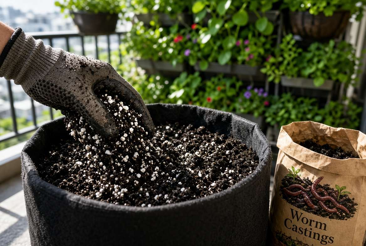 Amending lightweight balcony container potting soil with perlite and worm casting compost.