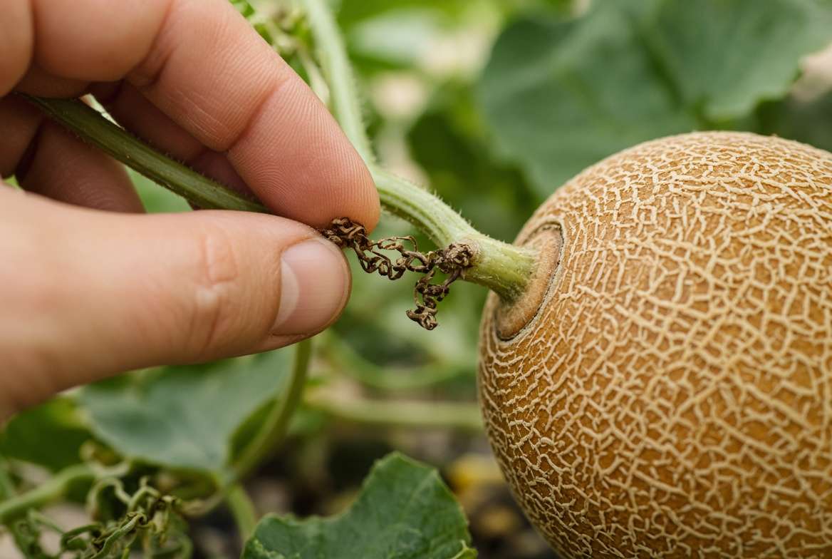 Macro view of a gardener's hand performing the tug test on a cantaloupe, showing the browned tendril and the abscission layer separating the stem from the ripe melon.