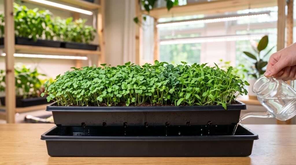 microgreens in shallow trays