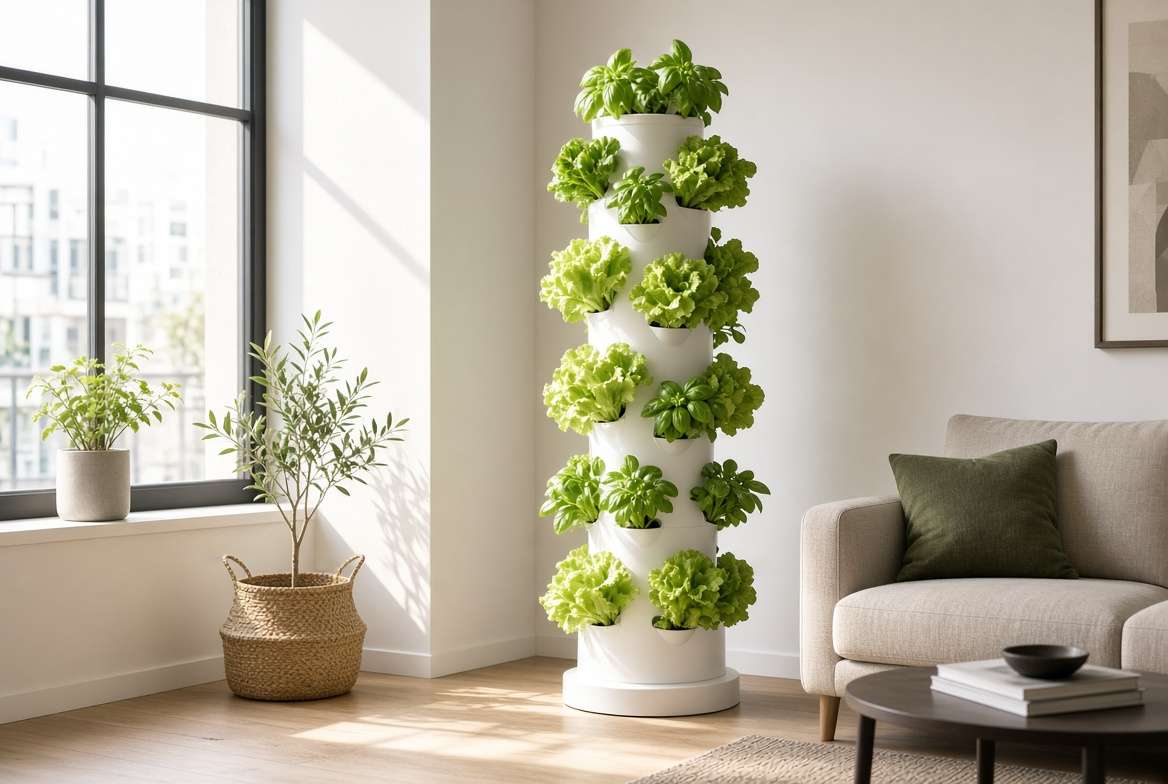 Sleek indoor hydroponic tower growing fresh lettuce and basil in a modern apartment living room.