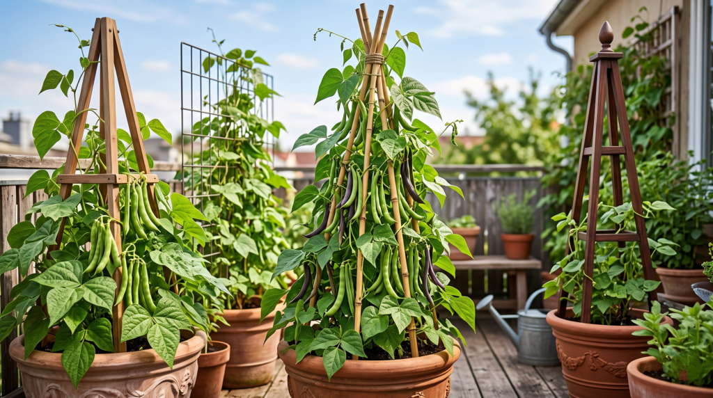 vertical supports for container-grown beans