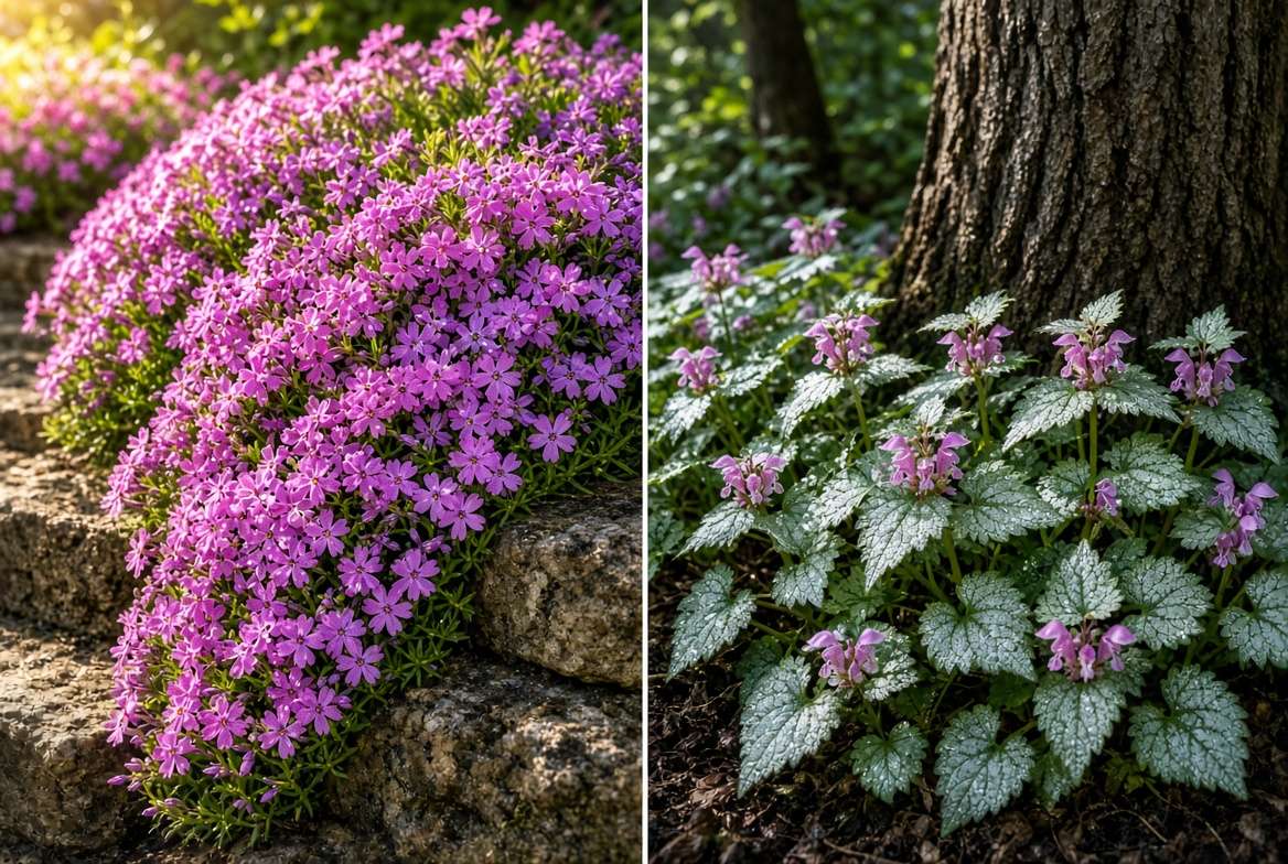 High-resolution garden portraits comparing sun-loving Creeping Phlox blossoms and shade-tolerant Spotted Deadnettle foliage, illustrating two types of effective flowers ground covering plants.