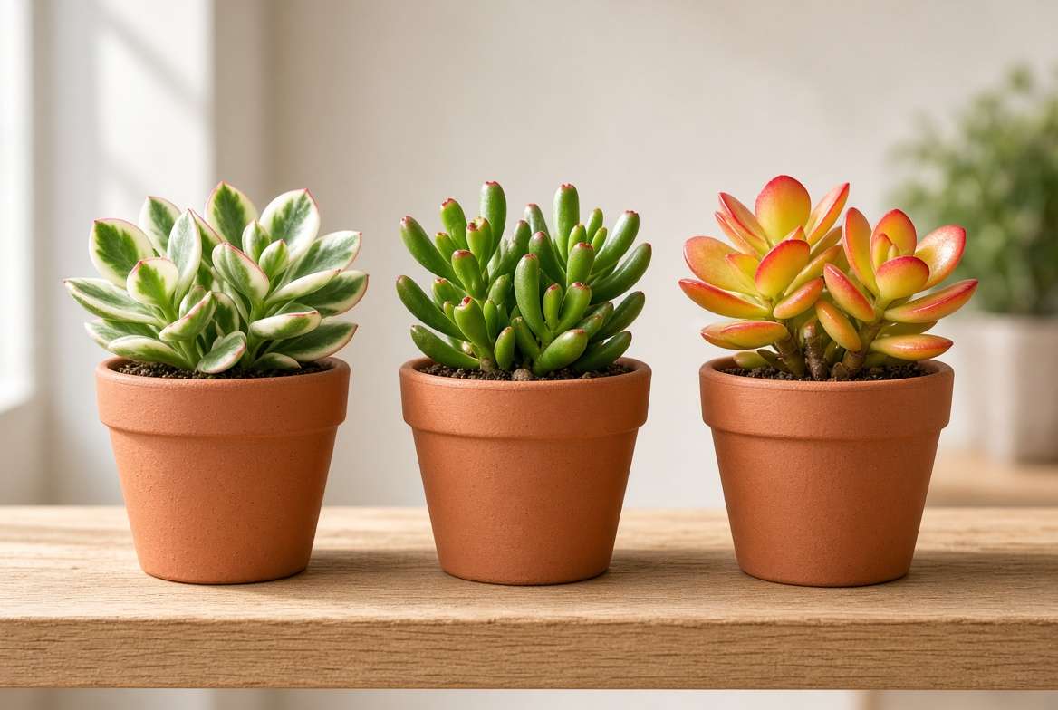 A group of three distinct jade plant varieties: a variegated Tricolor Jade, a tubular Gollum Jade, and a colorful Hummelβs Sunset Jade.