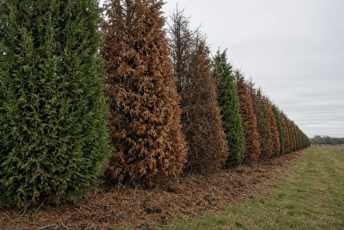A failed privacy hedge of identical Leyland Cypress trees showing dead, brown, diseased trees causing gaps due to monoculture planting.