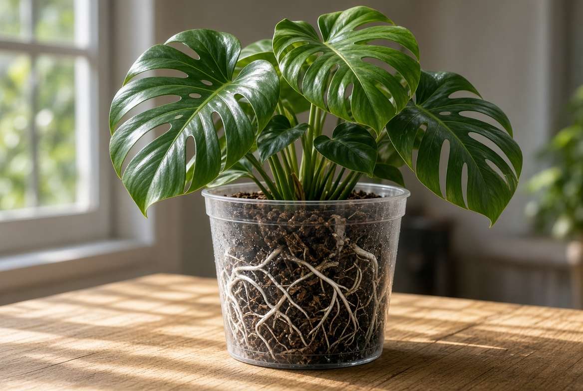 Healthy Monstera plant roots and soil condensation visible through a clear plastic plant pot.