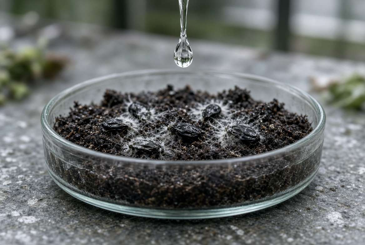 Overwatered soil in a clear tray showing watermelon seeds with grey mold and signs of rot, illustrating the effect of excess moisture and pathogens.