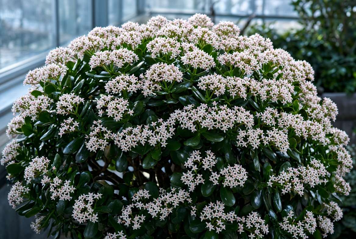 A close-up view of hundreds of delicate pink and white star-shaped flowers blooming on a mature Jade plant shrub.