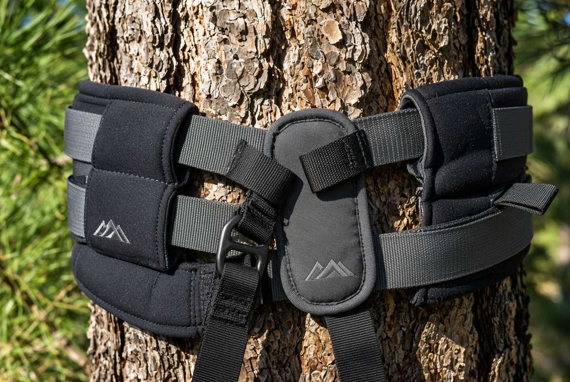 Close-up of a tree saddle system using padded straps to protect tree bark from damage.
