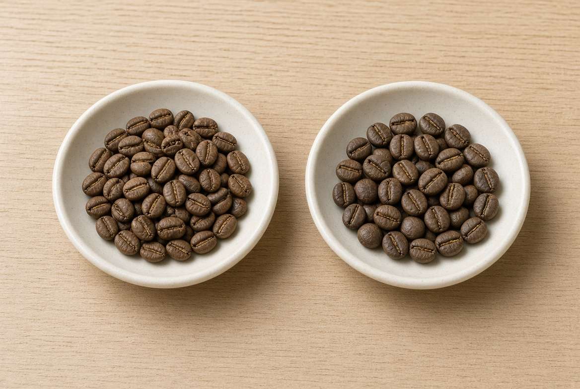Comparative view of Coffea arabica seeds (longer, S-cut) and Coffea canephora (Robusta) seeds (smaller, straight-cut) in separate ceramic dishes.