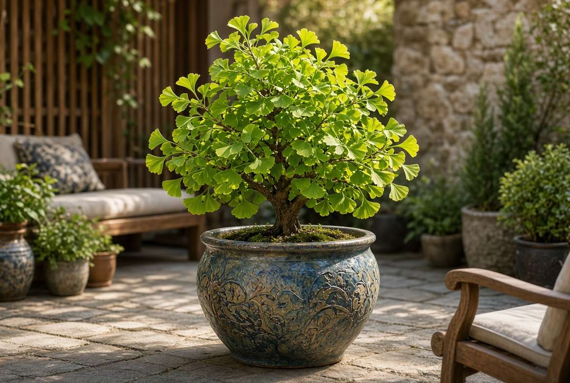 Compact dwarf ginkgo variety thriving in a decorative ceramic container in a peaceful courtyard.