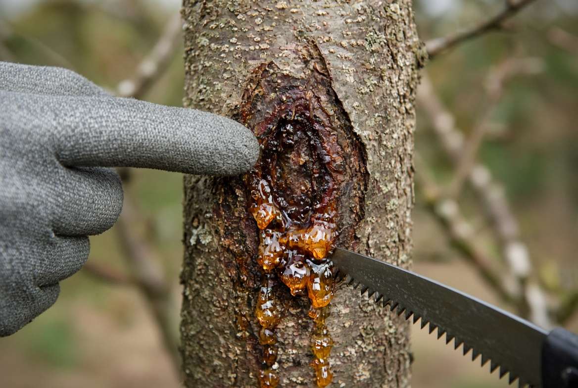 Macro photograph of Bacterial Canker on cherry plum tree trunk, showing characteristic sunken lesion and active oozing of sticky amber sap (gummosis)