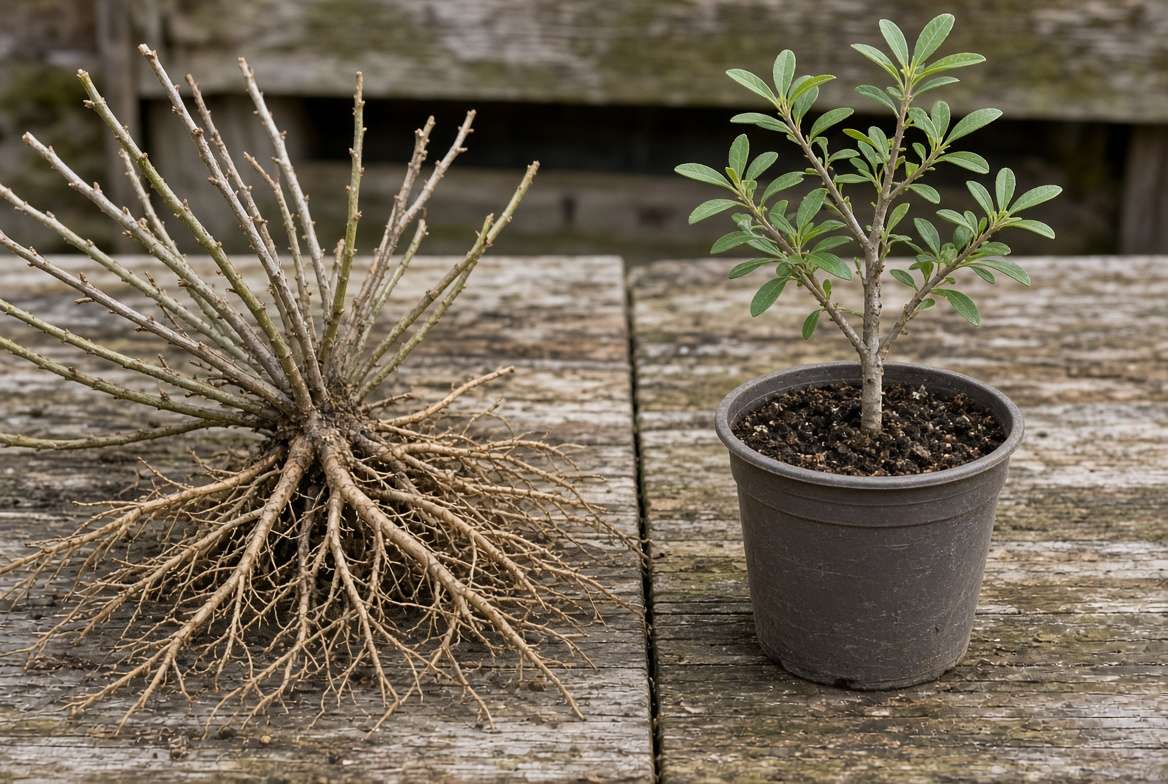Comparison of a dormant bare-root wolfberry plant (left) and a young potted wolfberry plant (right) ready for planting.