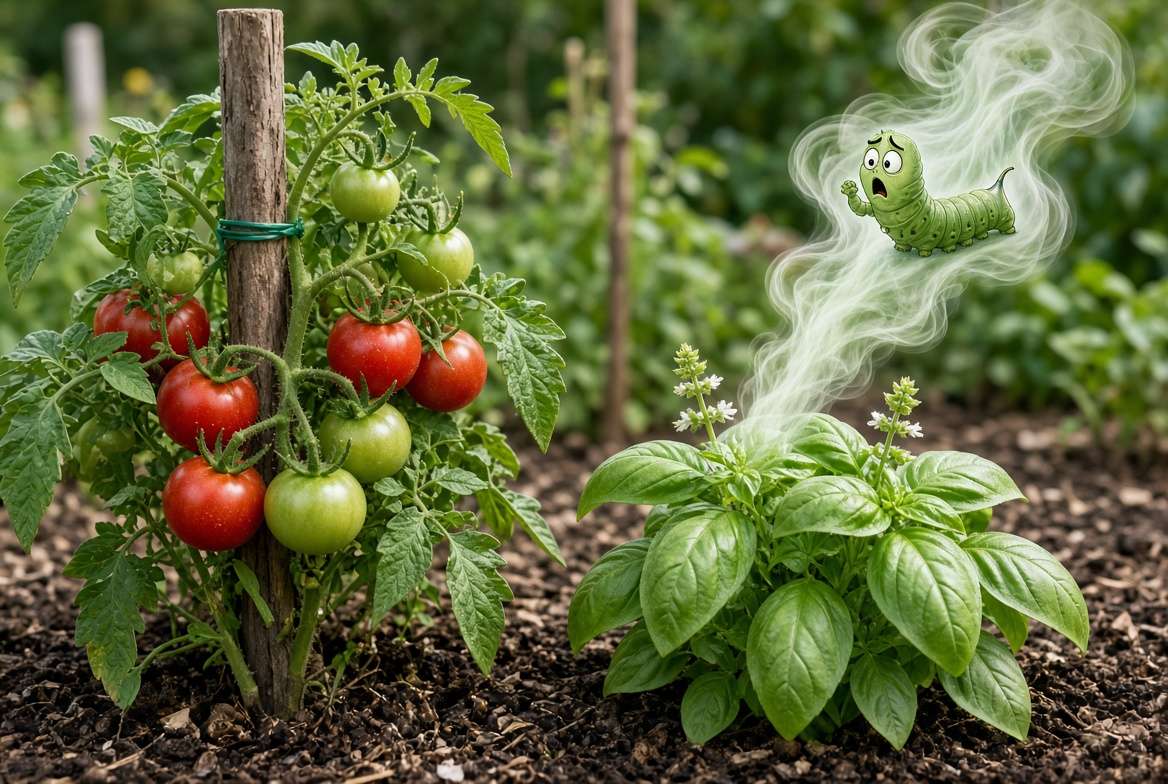 Healthy basil plant planted as a companion next to a staked tomato vine, illustrating natural pest repellency in an organic garden.