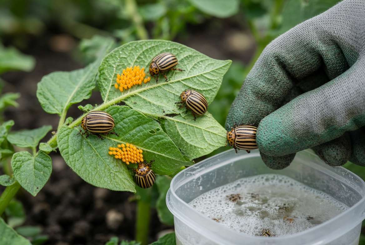 Detailed close-up of a gardener’s gloved fingers manually removing a Colorado Potato Beetle from a damaged potato leaf to drop into soapy water.