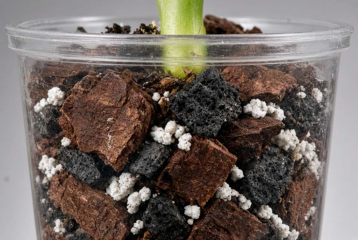 Close up of chunky aroid soil mix with orchid bark and perlite inside a transparent nursery pot.