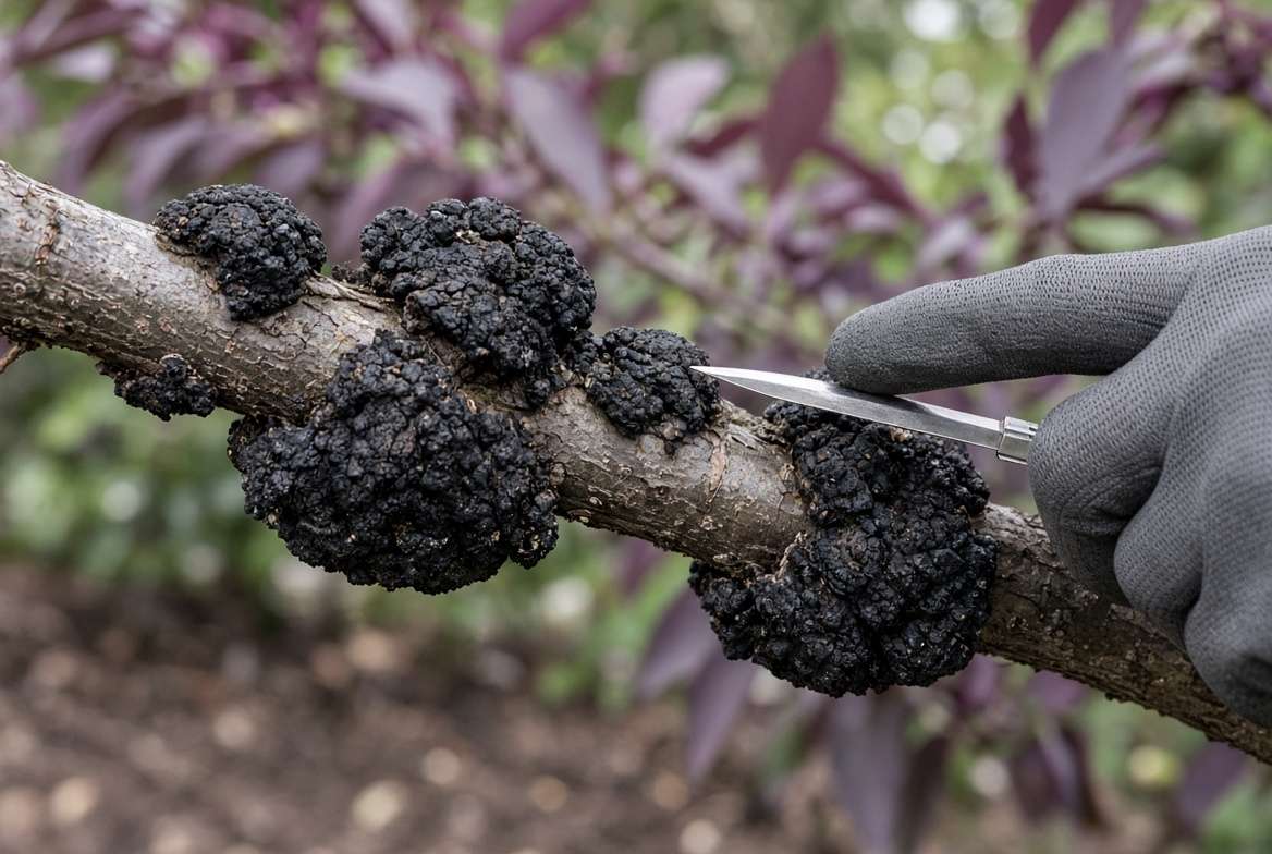 Diagnostic photo of cherry plum tree branch heavily infected with large, charcoal-black, warty galls characteristic of Black Knot disease.