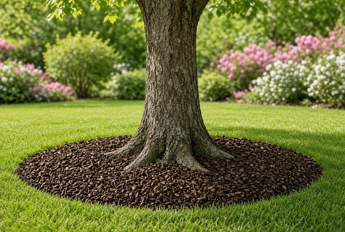 Correctly applied mulch ring around a crabapple tree trunk showing a visible, healthy root flare.