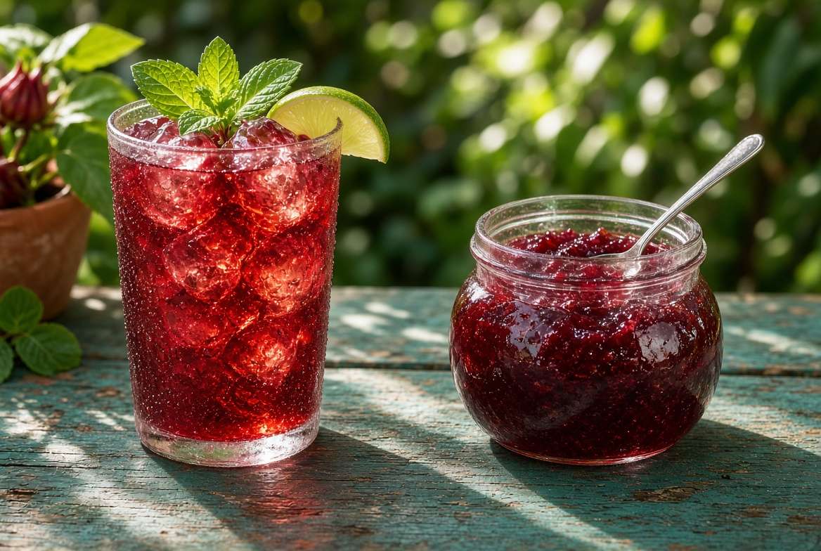 A glass of vibrant ruby-red Agua de Jamaica tea with ice and mint next to a jar of thick roselle jam on a sunny garden table.
