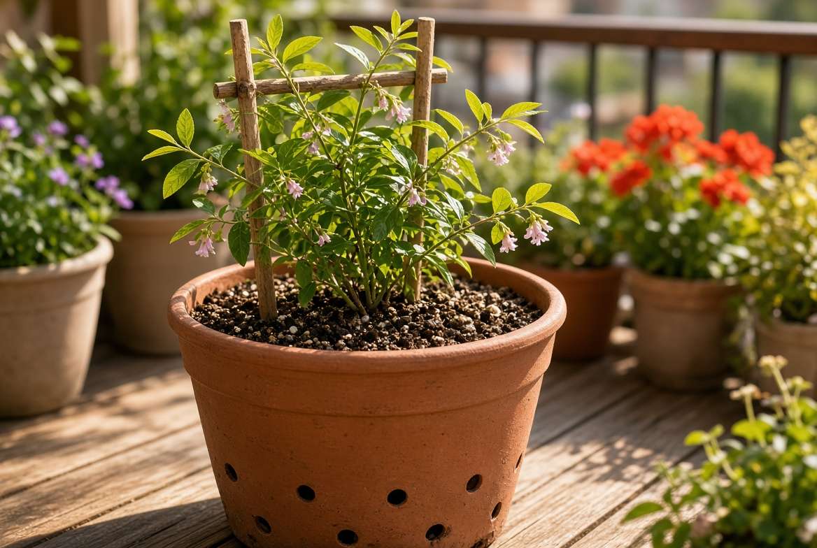 A thriving young wolfberry plant growing in a large 15-gallon terracotta container on a sunny balcony.