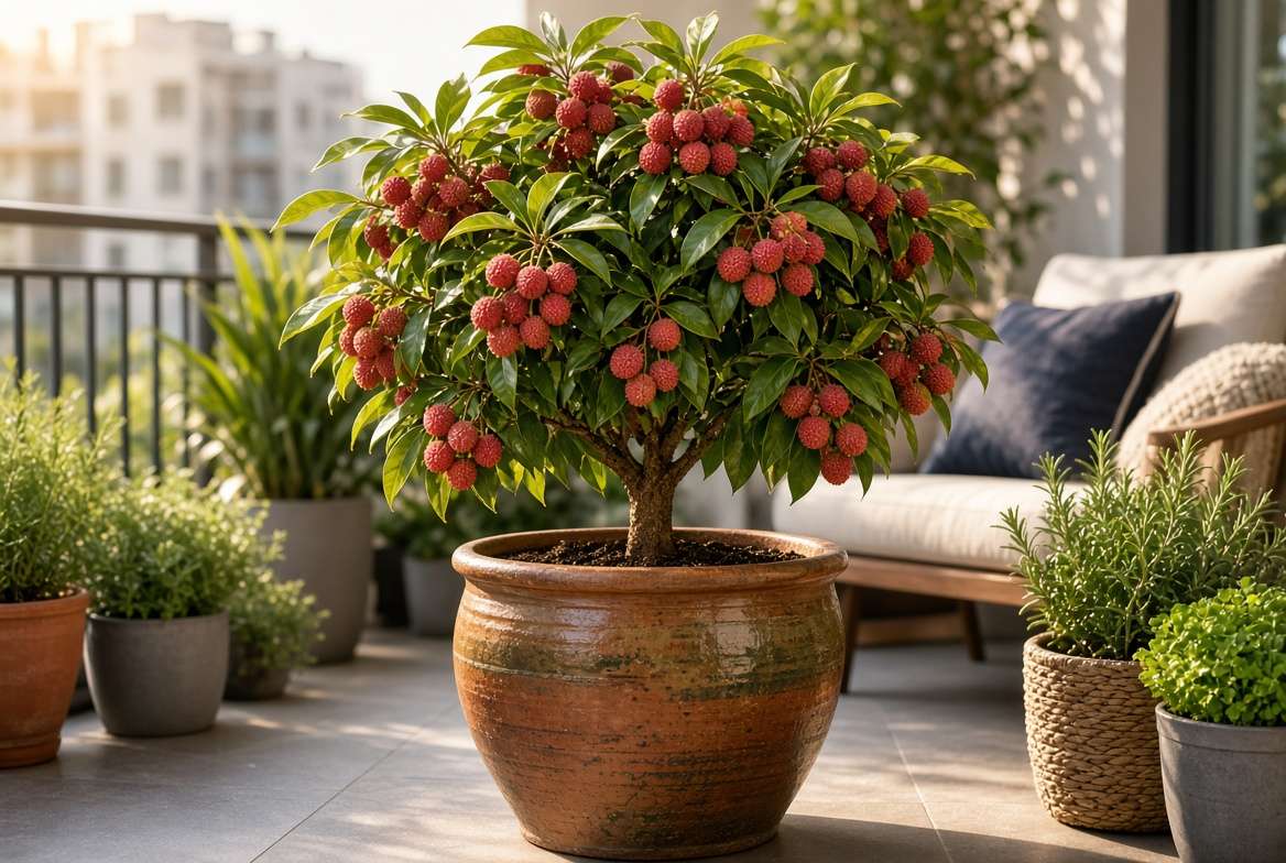 A thriving dwarf Emperor lychee plant bearing fruit while growing in a large container on a sunny patio.