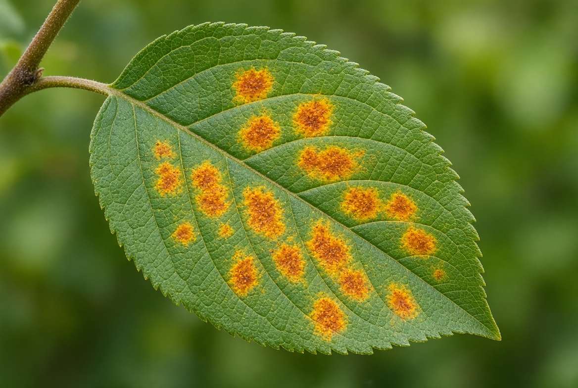 Green crabapple tree leaf showing bright orange and yellow spots typical of cedar apple rust fungal disease.