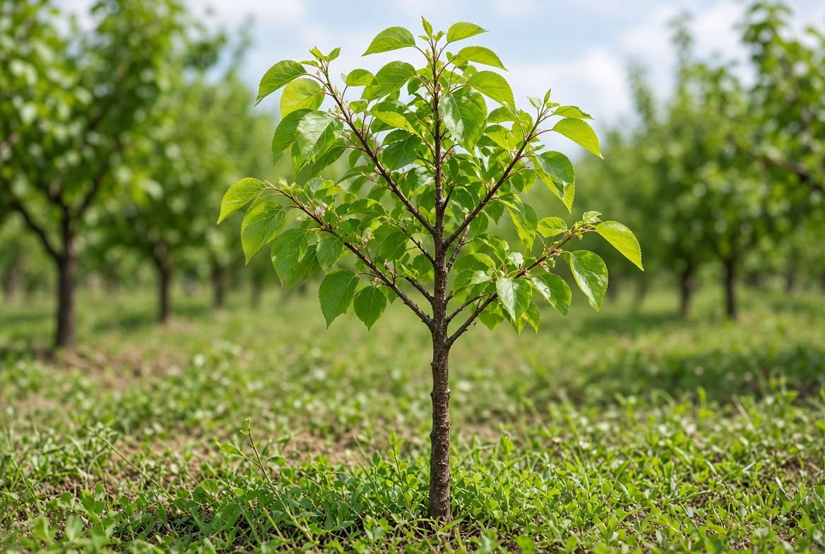 Young apricot tree sapling growing in an orchard during spring