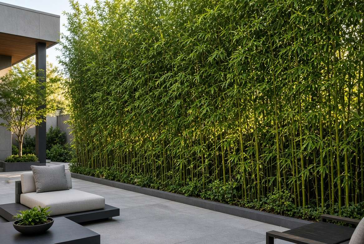 Dense, non-invasive clumping Fargesia bamboo creating a contemporary and lush living privacy screen for an urban yard.