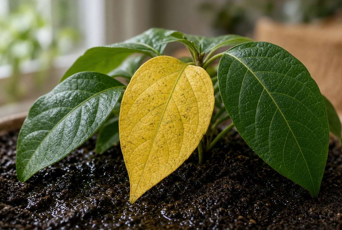 Macro photograph of a Flori plant displaying a single yellow leaf indicating overwatering and plant stress.